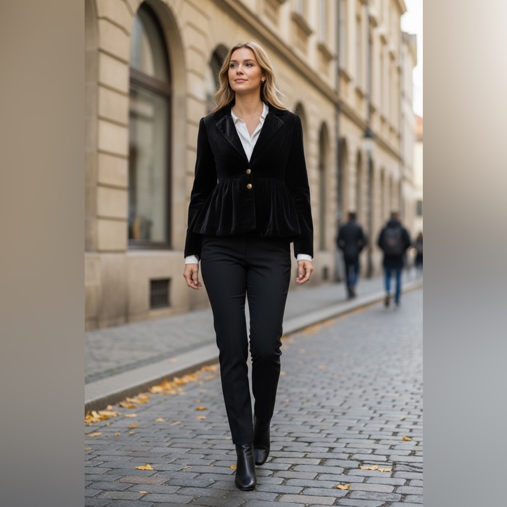 Velvet Velour Blazer Jacket Women L Black Oversized 3 Button Soft Pads Pockets